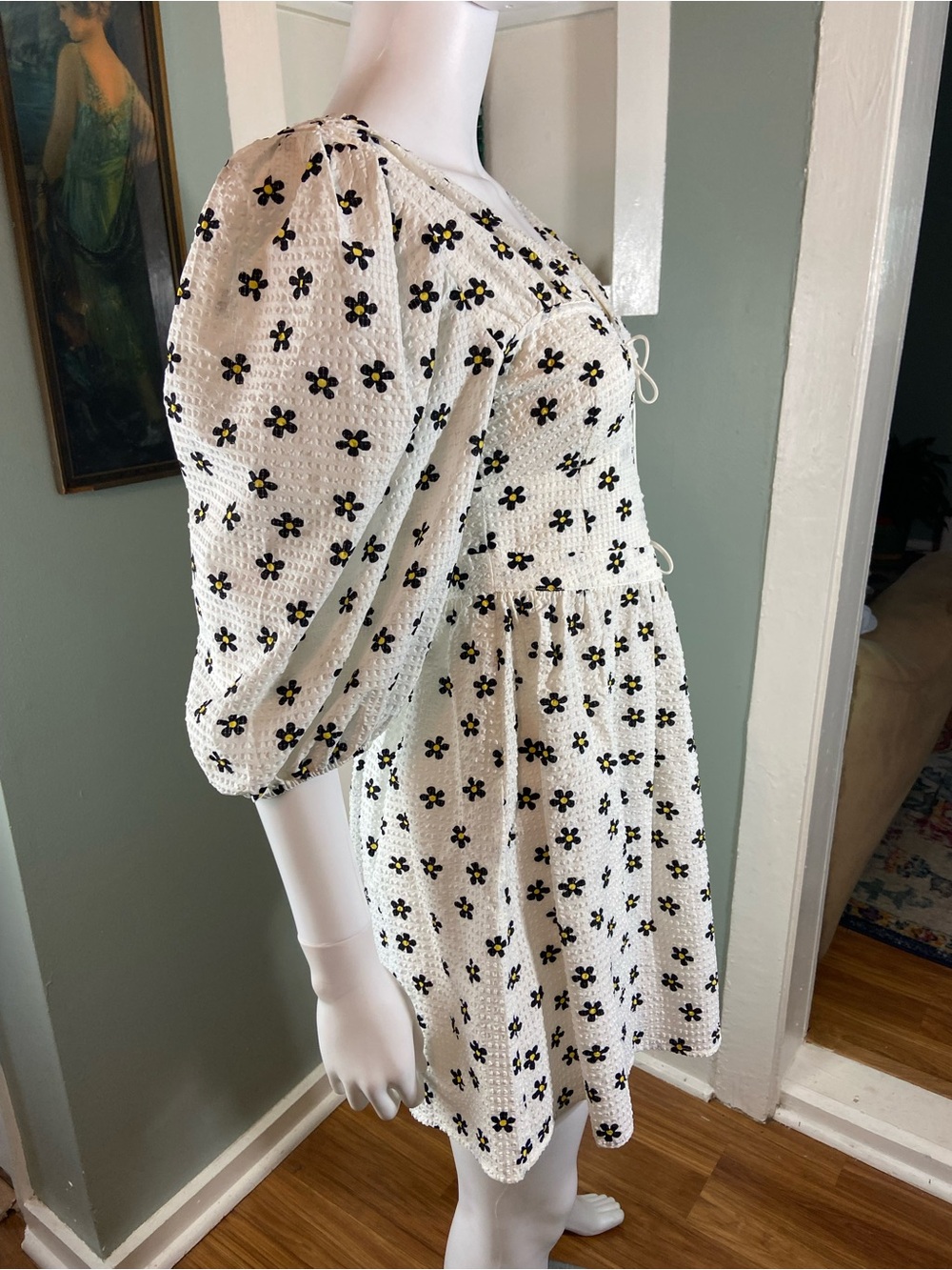 For Love & Lemons Connie White Babydoll Mini Dress Black Floral Print Small S - Picture 10 of 14